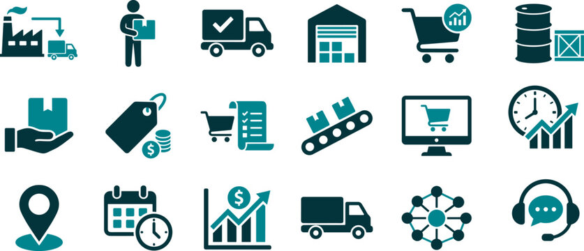 Logistics and Supply Chain Business Icons Featuring Shipping Warehouse Delivery Ecommerce Inventory and Transportation Management