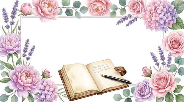 Floral frame with open vintage journal and fountain pen