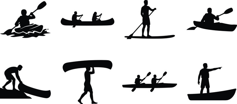 Collection of kayaking, canoeing, and paddleboarding silhouettes showing people enjoying water sports and outdoor recreation