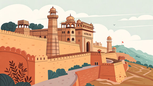 Chittorgarh Fort, Rajasthan, modern vector illustration, limited color palette, monumental fort walls, flat design
