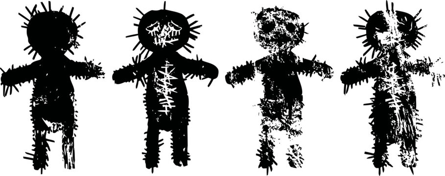 distressed black voodoo dolls with stitched features and rough textures in various damaged states