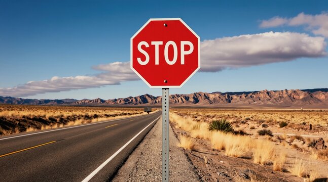 Red stop sign stands on empty desert highway. Dry grass, brown mountains, vast blue sky with clouds. Scenic road trip in arid landscape, bright sunny day.