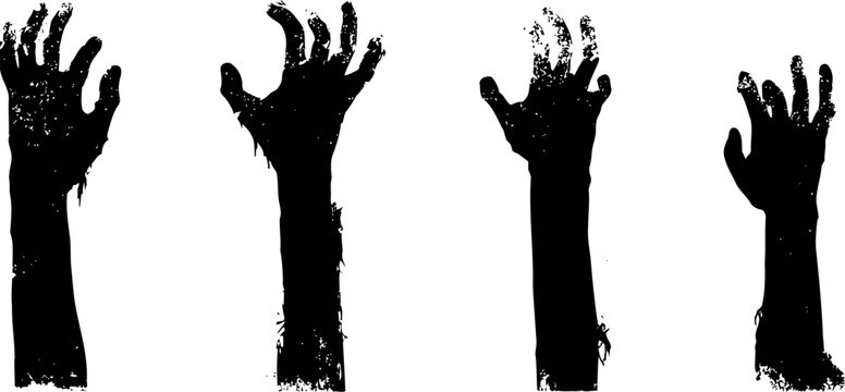 Silhouettes of four black hands and forearms reaching upward isolated on white background