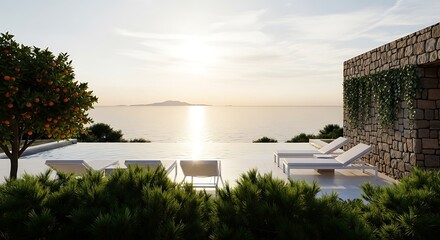 Fototapeta premium Luxury infinity pool terrace with sun loungers overlooking the mediterranean sea