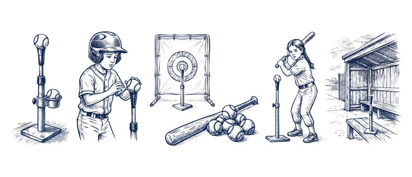 Tee ball baseball training sketch set featuring youth players practicing hitting drills with batting tees and equipment in a vintage hand-drawn engraved style isolated on a clean white background.