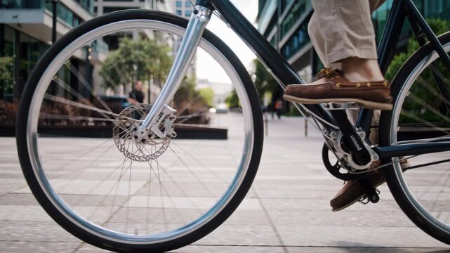 Brown shoe pushes pedal near rolling bicycle wheel in plaza
