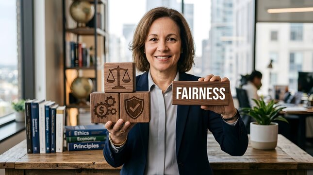 Fairness and legal equality concept with wooden scales, justice blocks, and business ethics symbolism on office desk