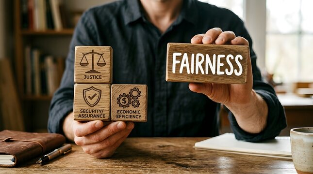 Fairness and legal equality concept with wooden scales, justice blocks, and business ethics symbolism on office desk
