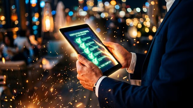 Smiling businessman using tablet at night with city lights, mobile business technology, and online communication concept