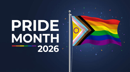 Pride Month 2026 celebration banner featuring waving progress pride flag with intersex symbol and colorful confetti on dark background © fepro