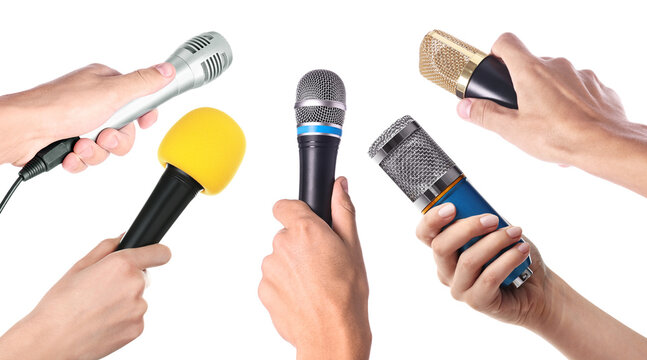 People holding microphones in hands against transparent background, closeup