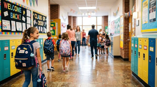 Students Walk in a School Hallway During the First Week of Classes in the Fall Season