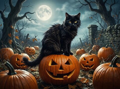 A majestic black cat sitting on a carved Jack O Lantern in a spooky fo