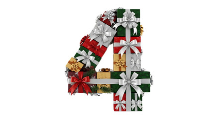 Obraz premium Number Four, Christmas Gift Wrapping, Presents Number 4, Holiday Decor isolated on Transparent Background
