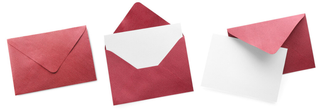 Red paper envelope isolated on white, set. Top view