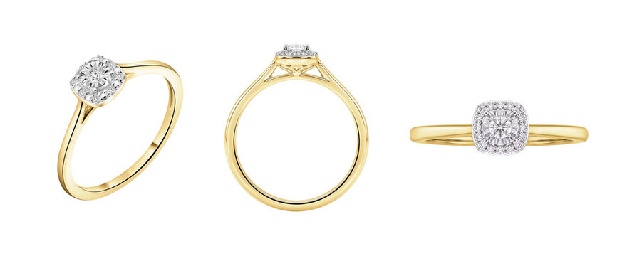 Gold ring with diamonds isolated PNG on transparent background, luxurious jewelry piece for engagement, wedding and fashion concepts	
