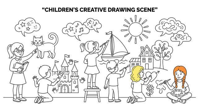 Children creative drawing scene kids painting castle boat.