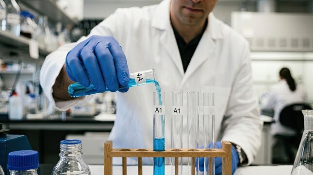 Scientist pouring liquid into test tubes in modern research laboratory