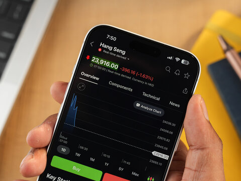 Hang Seng index price chart is displayed on a smartphone screen in Bangalore, India, on June 15, 2026