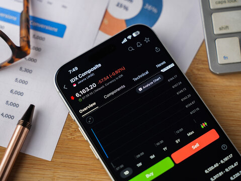 IDX Composite index price chart is displayed on a smartphone screen in Bangalore, India, on June 15, 2026