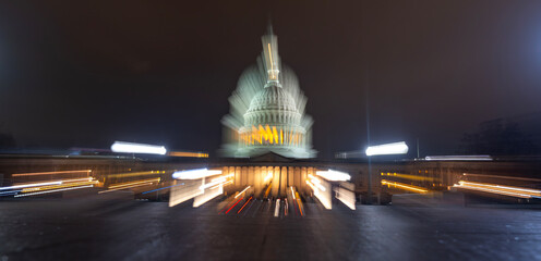 Washington DC night landmark. USA Senate with night lighting. Panorama of the US Capitol. Iconic Capitol dome in the evening. Night cityscape of US Capitol building. Capitol under night sky. © Volodymyr