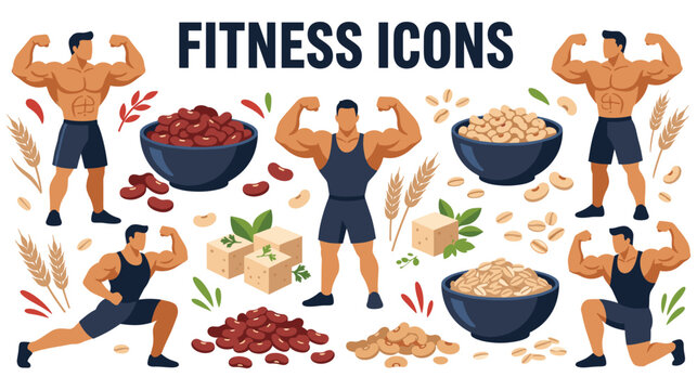 Fitness icons set with strong men and healthy beans.