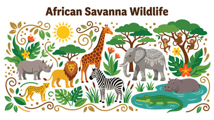 Fototapeta premium African savanna wildlife collection with jungle animals.