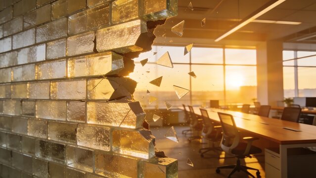 Shattered Glass Brick Wall in Modern Office at Sunset