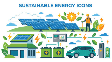 Fototapeta premium Sustainable energy icons with solar panels and houses.