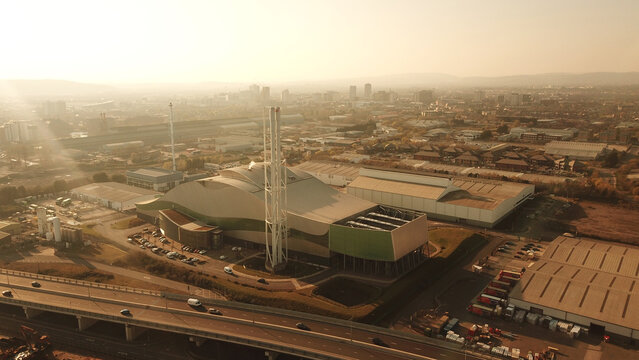 Aerial view of the Trident Park Energy from Waste plant in Cardiff, Wales, United Kingdom.