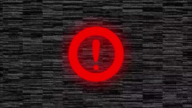 Abstract digital glitch background featuring a glowing red warning exclamation mark symbol pulsating on a dark textured screen for cybersecurity and system error concepts.