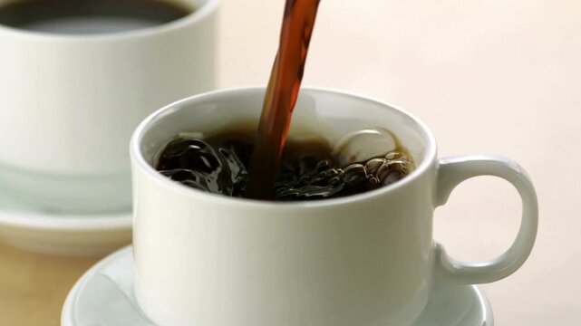 Fresh black coffee pouring into white ceramic cup, morning caffeine routine in bright kitchen, hot dark espresso beverage with bubbles