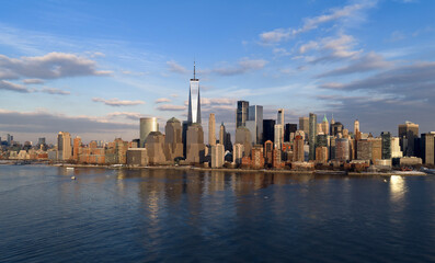 Fototapeta premium New York City skyline over Hudson River. Manhattan aerial view in New York City. NYC Manhattan waterfront panorama. New York skyline panorama.
