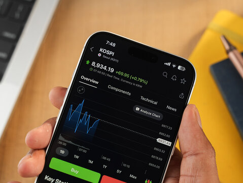 KOSPI or Korea stock exchange logo is displayed on a smartphone screen in Bangalore, India, on June 15, 2026
