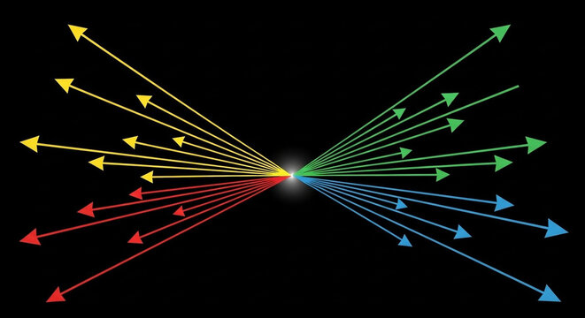 "Multidirectional light scattering diagram with colorful vectors on a black background"