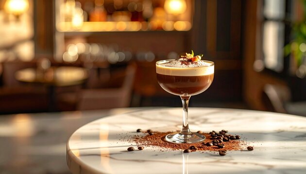 Espresso Martini Cocktail on a Marble Countertop with Coffee Beans