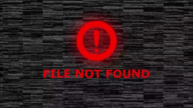 Digital Glitch Error Screen with Red Warning Symbol and File Not Found Text Overlay on Dark Distorted Background for System Failure and Cyber Security Concepts.