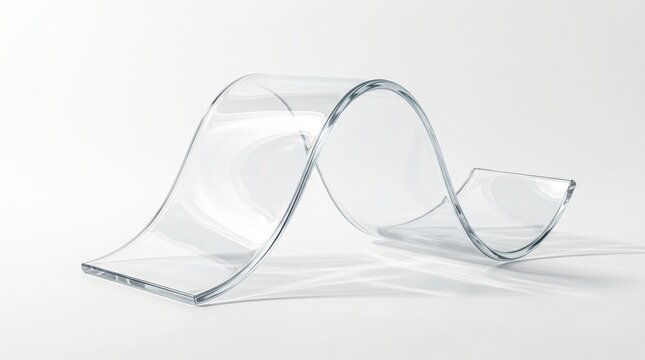 Abstract transparent glass sheet bending into wave shape, minimal 3D crystal backdrop with realistic light refractions and copy space