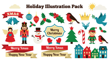 Naklejka premium Holiday illustration pack with christmas decorations.