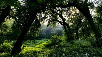 Fototapeta premium A rich and lush natural ecosystem characterized by towering trees dense foliage and deep shadows