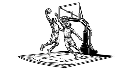Man dunking basketball in hoop game. © jaya