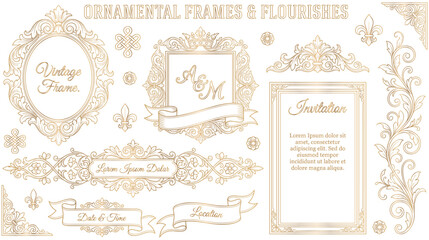 Luxurious golden ornamental frames and flourishes collection. © GW
