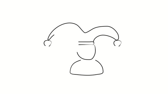 Jester, clown, buffoon, joke, prankster, fun. Continuous line. Isolated on white. Video 4k object illustration self-drawing. Object construction. Minimalist continuous line drawing silhouette on a whi