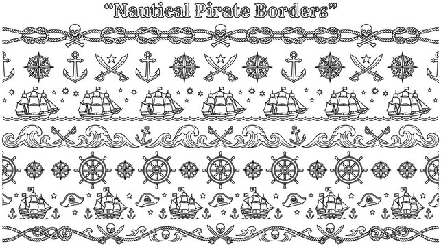 Nautical pirate border collection with maritime symbols.