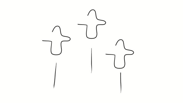 Fireworks, flight upward, rockets, airplanes. Continuous line. Isolated on white. Video 4k object illustration self-drawing. Object construction. Minimalist continuous line drawing silhouette on a whi