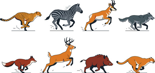 Obraz premium Running Wildlife Animal Collection Featuring Cheetah Zebra Antelope Wolf Fox Deer Boar and Cougar in Dynamic Motion Vector Set
