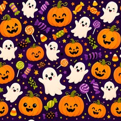 Naklejka premium Halloween seamless pattern with cute ghosts, pumpkins, candies and lollipops on dark purple background. Cute vector background for wrapping paper, textile, fabric and Halloween party decorations.
