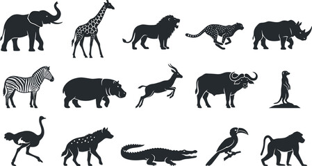 Obraz premium African Safari Animal Silhouette Set with Elephant, Giraffe, Lion, Zebra, Rhinoceros, and Wildlife Vector Collection