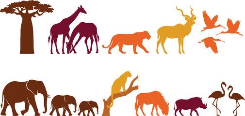 African Safari Wildlife Silhouette Set with Elephant Family, Giraffe, Antelope, Flamingo, and Savanna Animal Vector Collection © MstSuborna