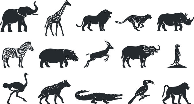 African Safari Animal Silhouette Set with Elephant, Giraffe, Lion, Zebra, Rhinoceros, and Wildlife Vector Collection